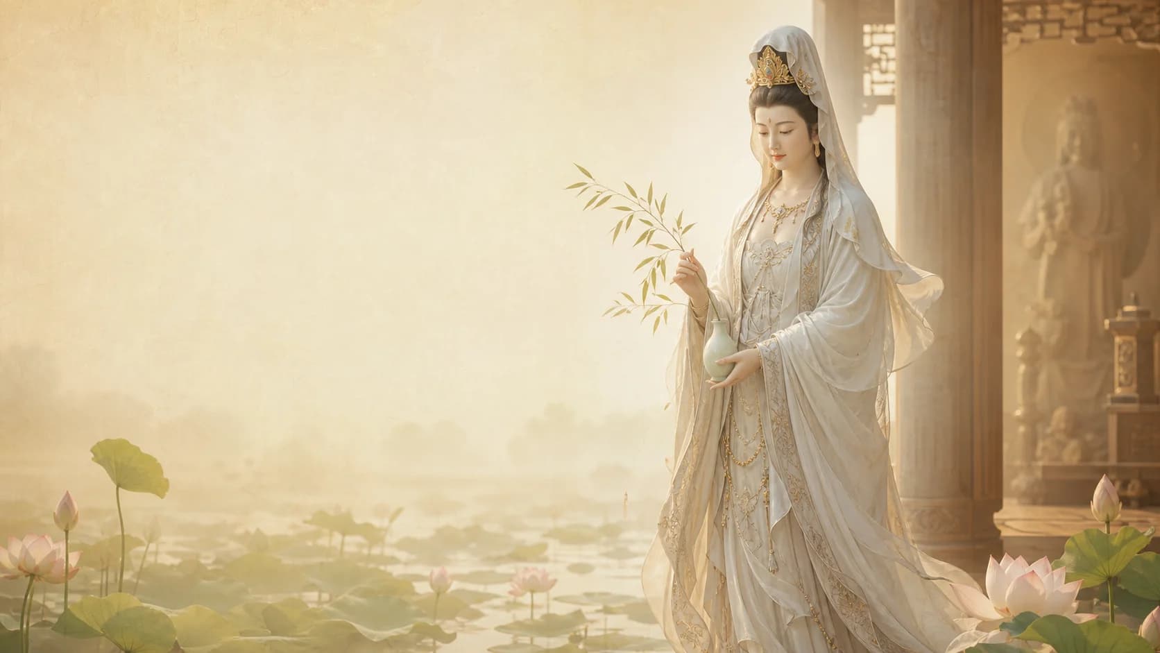 Hình Guan Yin trong ánh sen dịu