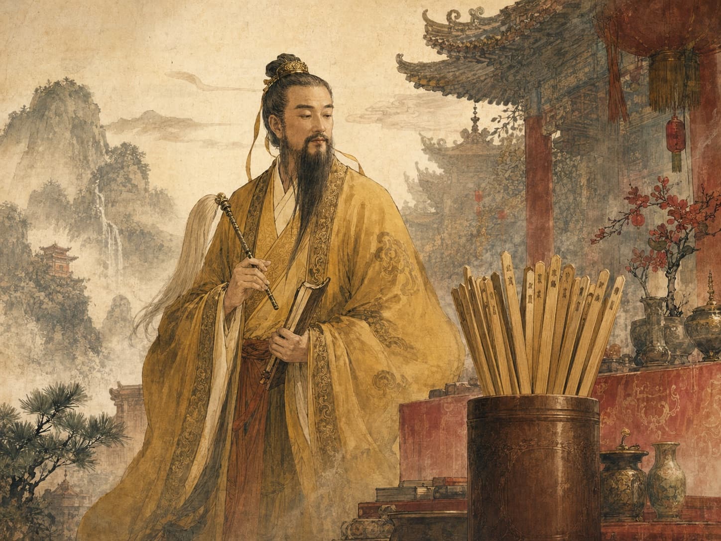 Hình Wong Tai Sin với ống thẻ xăm tre