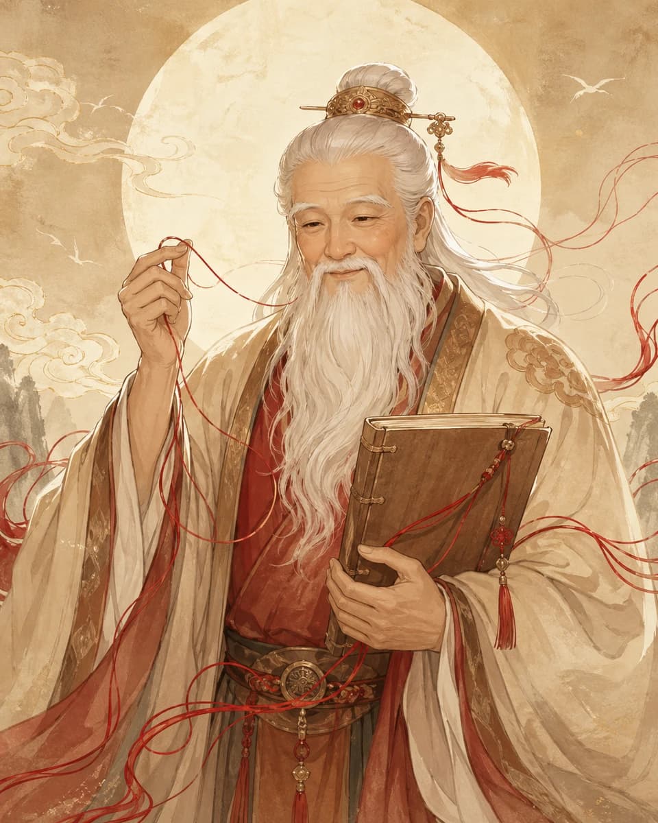 Hình Yue Lao cầm dây đỏ và sổ nhân duyên