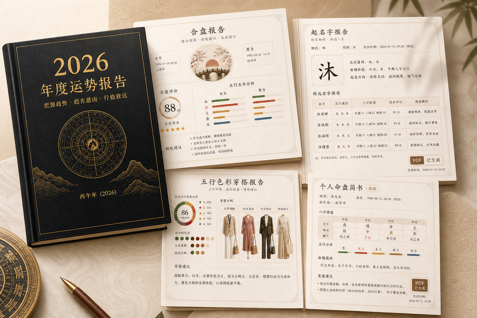 八字レポートのサンプルコラージュ、年運、相性、命名、個人命書、五行スタイリングの納品物を表示